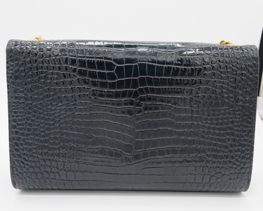 YSL Medium Kate Tassel Bag in Crocodile Embossed Black Leather