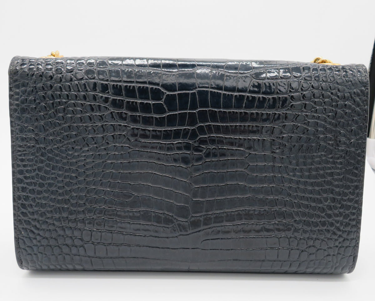 YSL Medium Kate Tassel Bag in Crocodile Embossed Black Leather