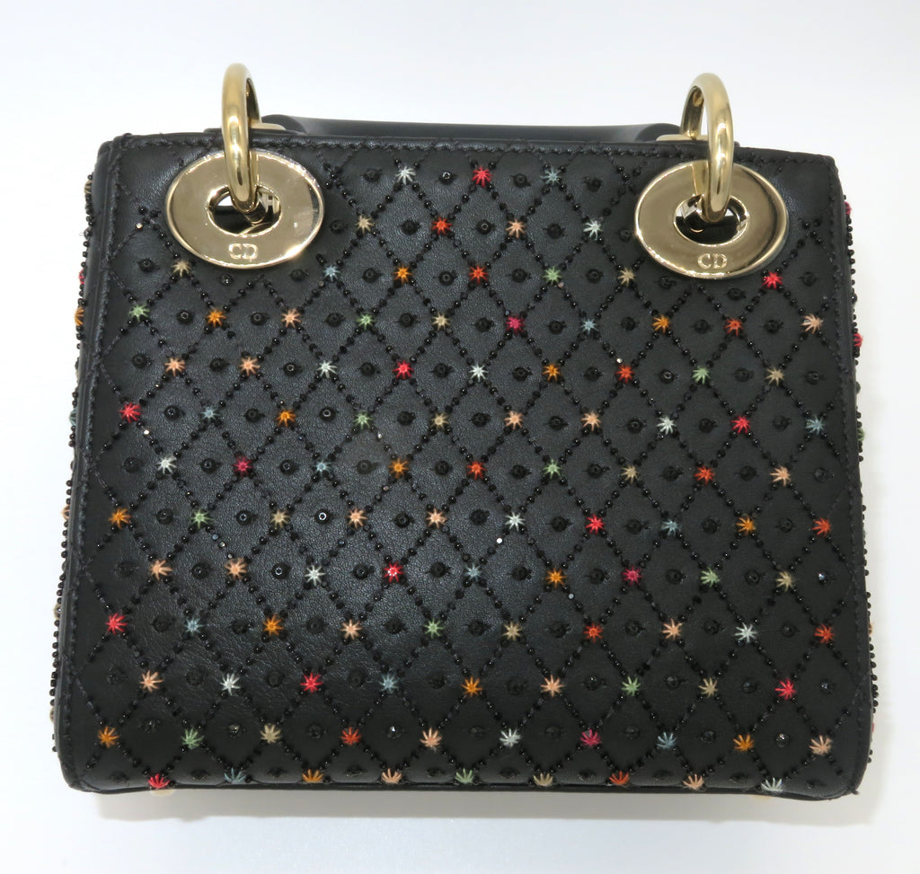 Christian Dior Mini Lady Dior Black Cannage Leather Star Embroidered Accents