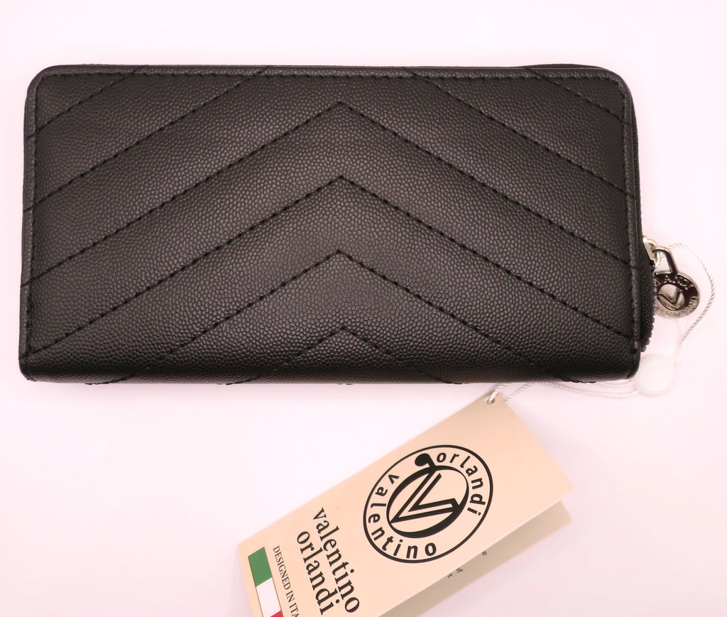 Valentino Orlandi Black Quilted Vegan/Faux Leather Zip Around Long Wallet