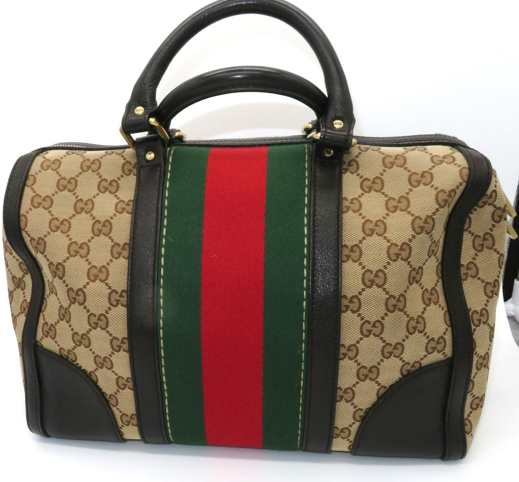 Gucci GG Monogram Canvas and Dark Brown Leather Bee Boston Bag