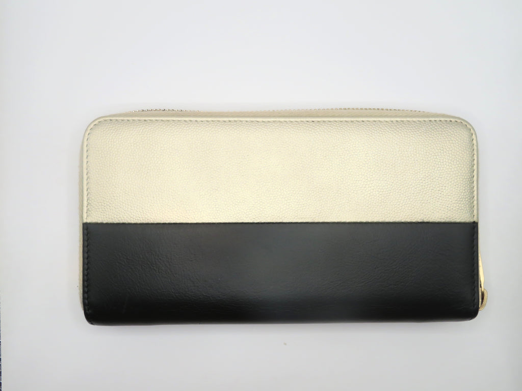 Chanel Black Satin & Metallic Gold Caviar Leather Long Zip Around Wallet