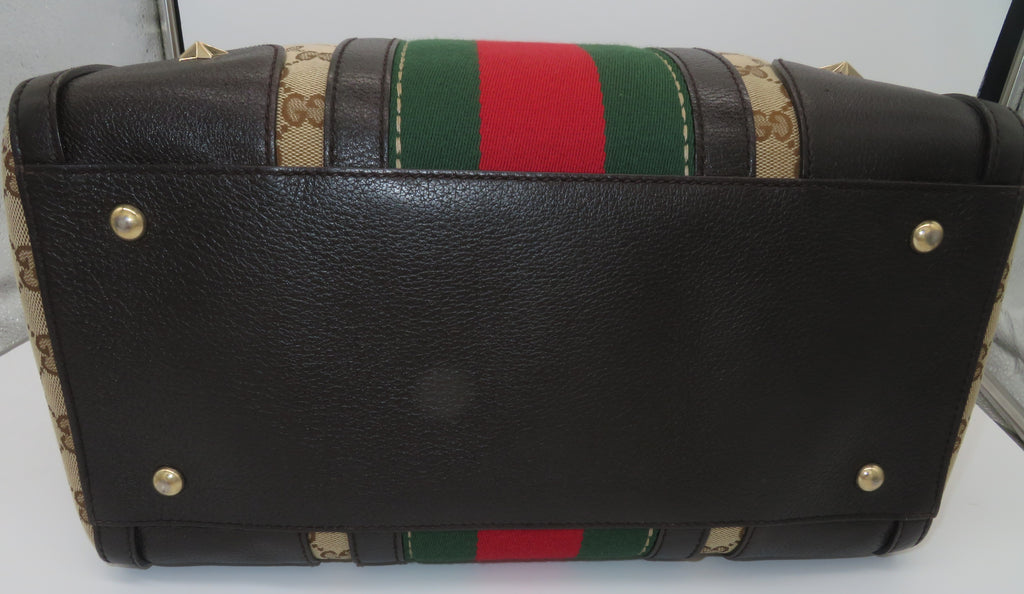 Gucci GG Monogram Canvas and Dark Brown Leather Bee Boston Bag