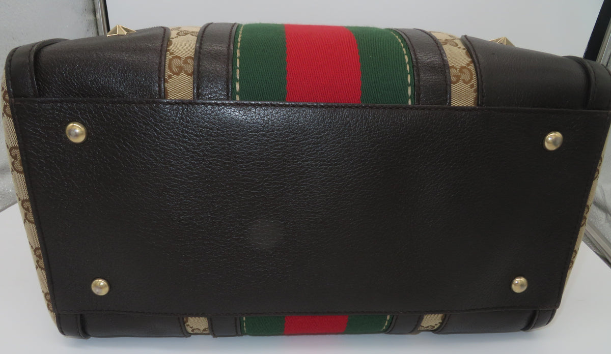 Gucci GG Monogram Canvas and Dark Brown Leather Bee Boston Bag