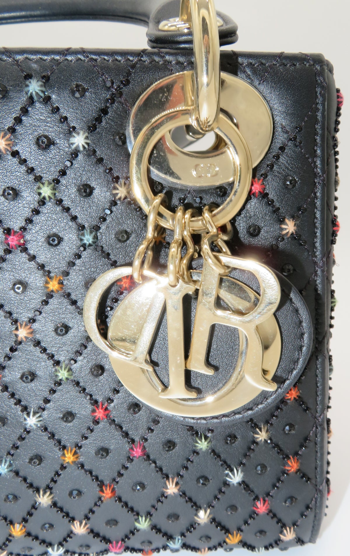 Christian Dior Mini Lady Dior Black Cannage Leather Star Embroidered Accents