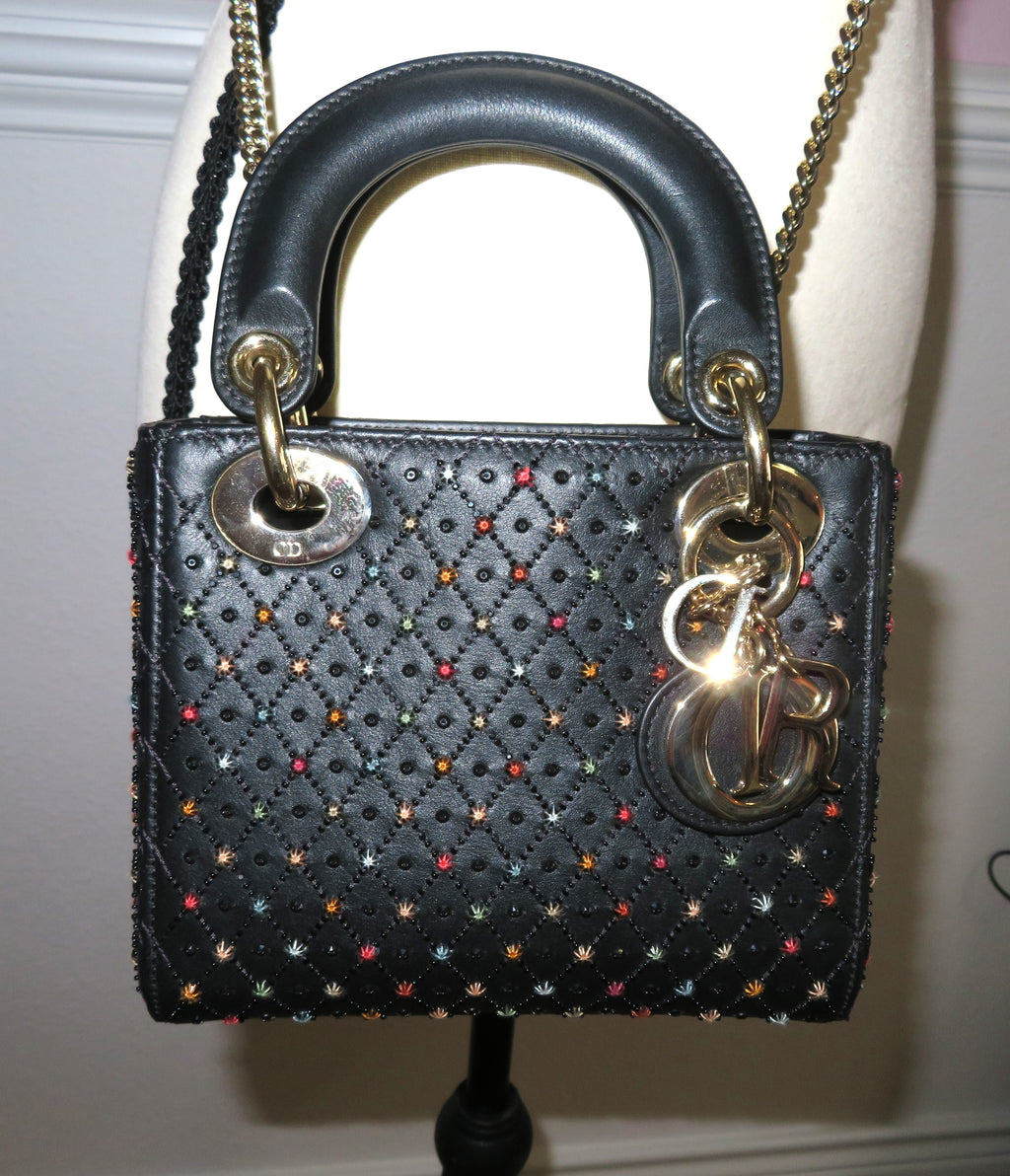 Christian Dior Mini Lady Dior Black Cannage Leather Star Embroidered Accents