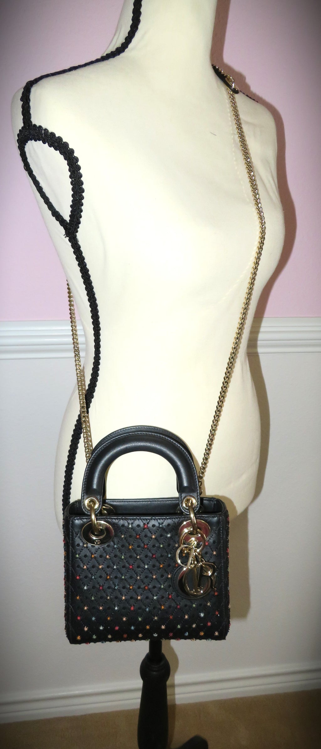 Christian Dior Mini Lady Dior Black Cannage Leather Star Embroidered Accents