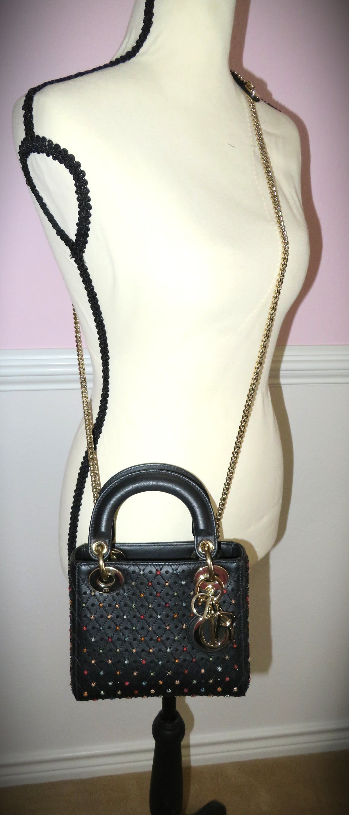 Christian Dior Mini Lady Dior Black Cannage Leather Star Embroidered Accents