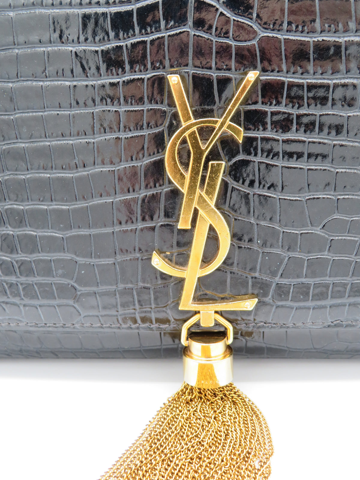 YSL Medium Kate Tassel Bag in Crocodile Embossed Black Leather