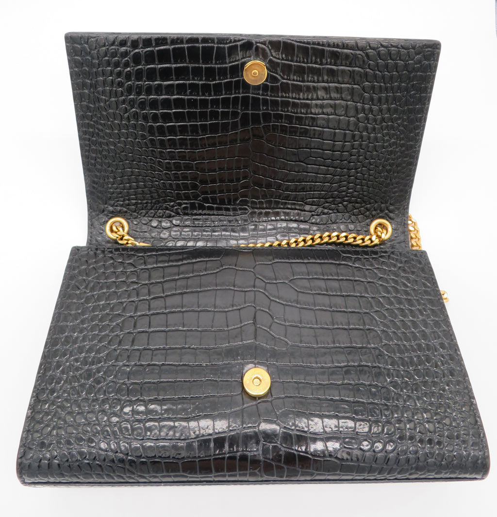 YSL Medium Kate Tassel Bag in Crocodile Embossed Black Leather