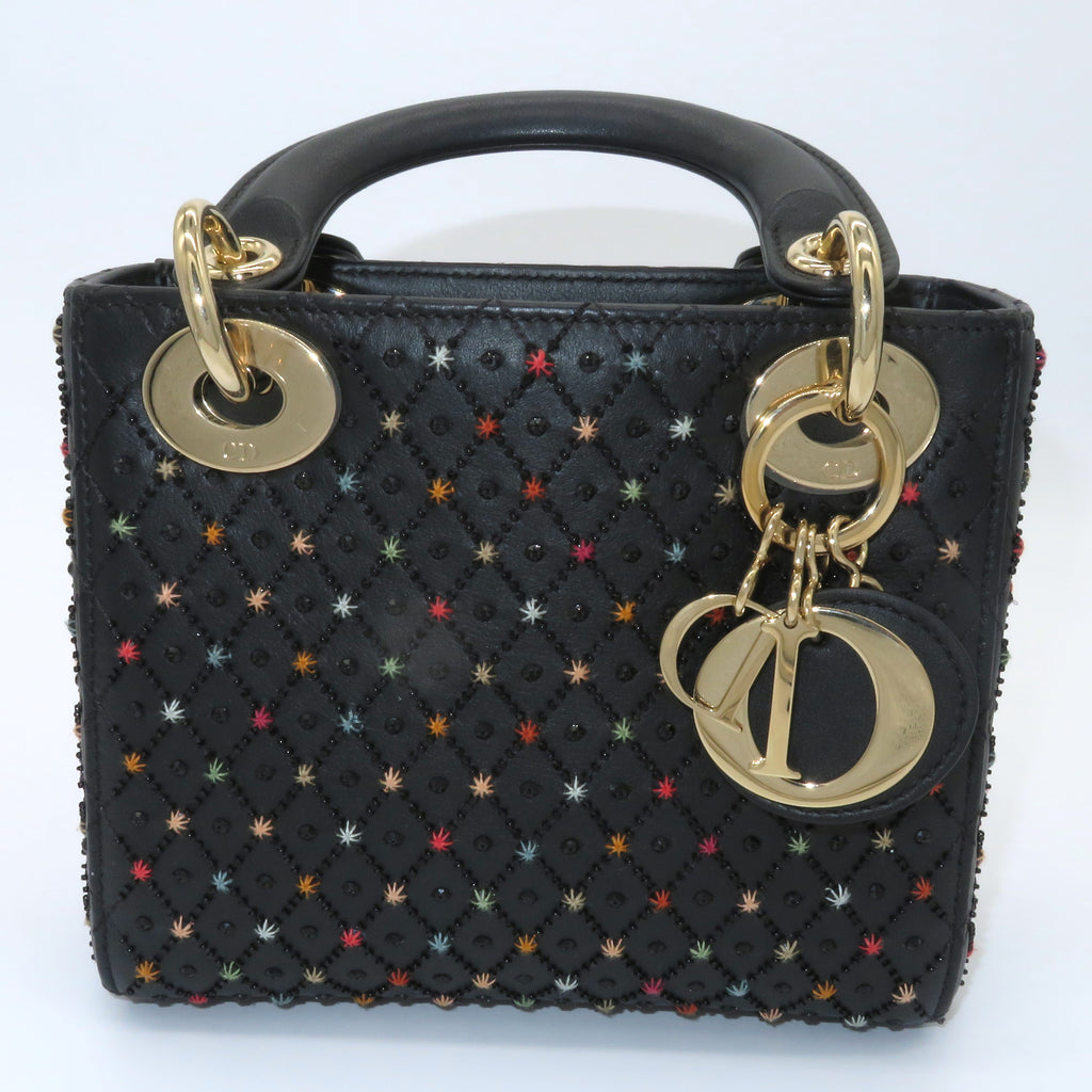 Christian Dior Mini Lady Dior Black Cannage Leather Star Embroidered Accents