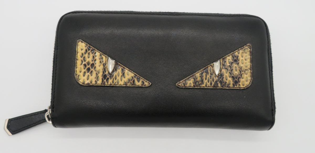 Fendi Black Leather Python Monster Eyes  Zip Around Long Wallet