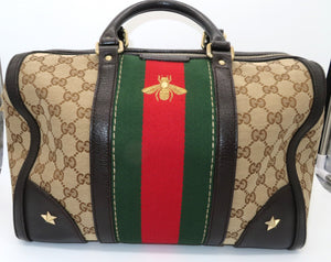 Gucci GG Monogram Canvas and Dark Brown Leather Bee Boston Bag