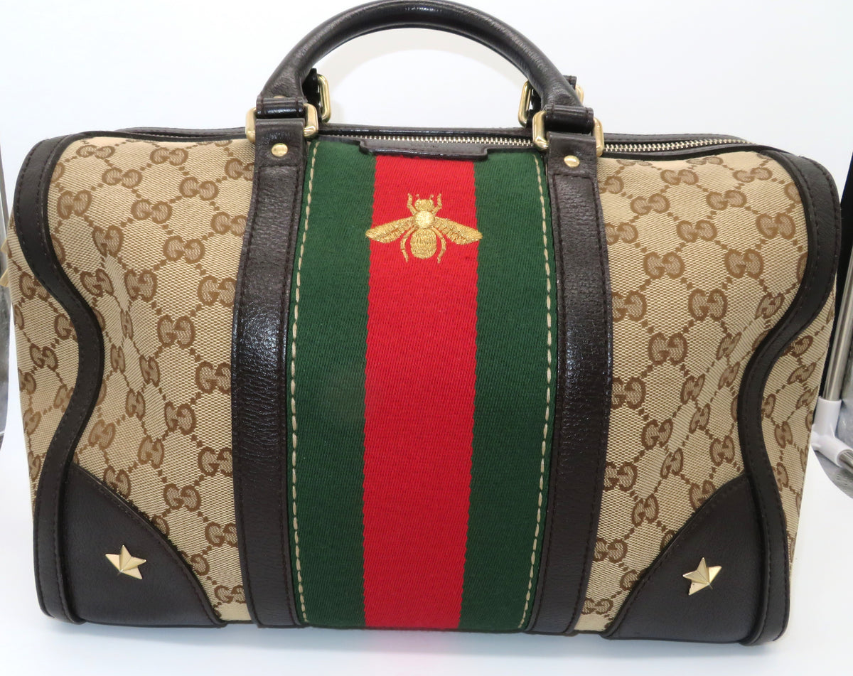 Gucci GG Monogram Canvas and Dark Brown Leather Bee Boston Bag