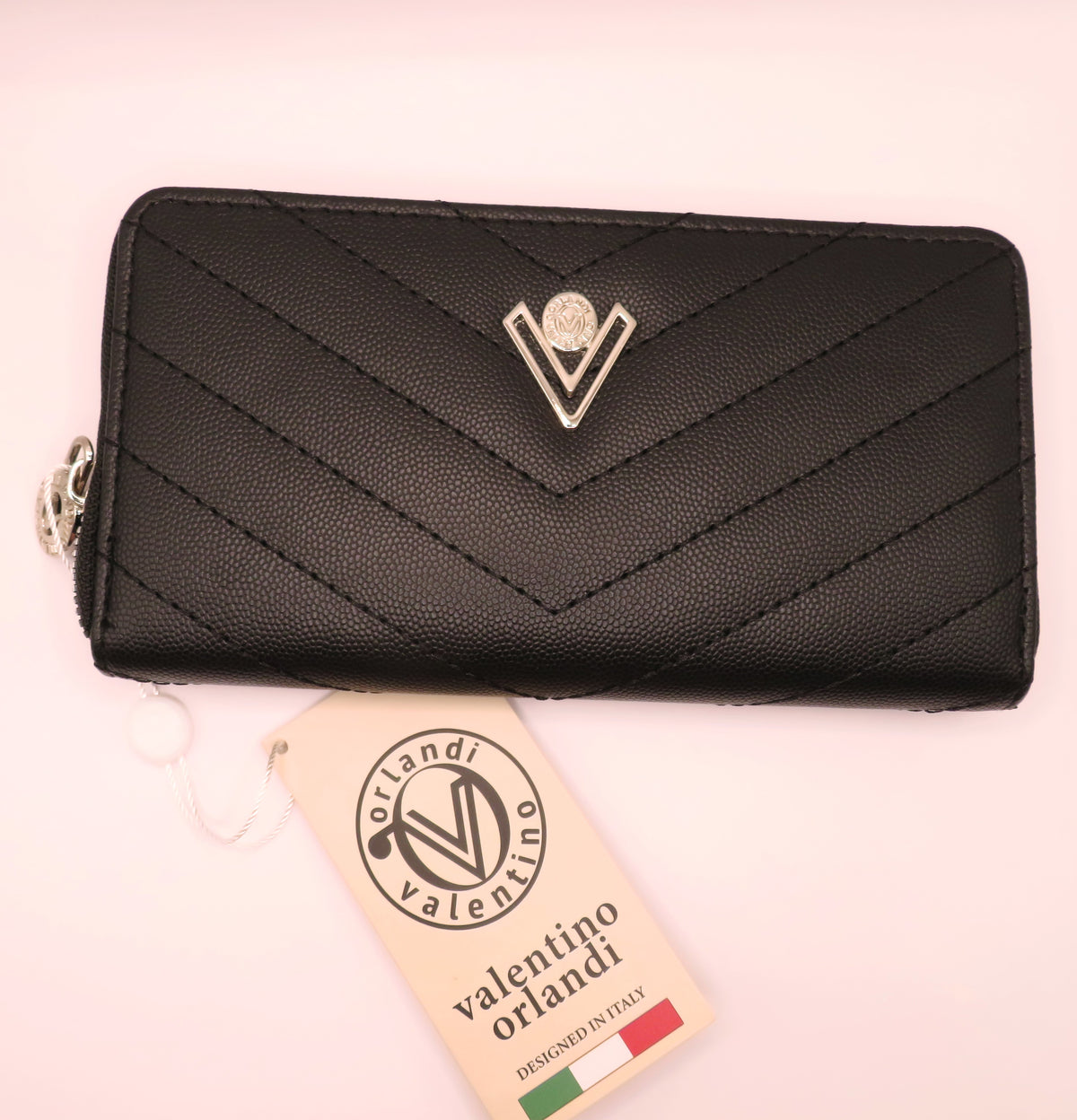 Valentino Orlandi Black Quilted Vegan/Faux Leather Zip Around Long Wallet