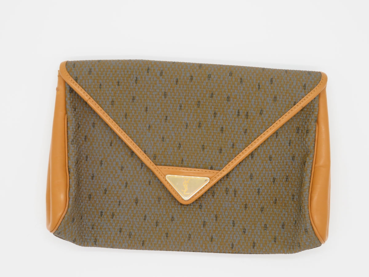 VINTAGE YSL Logo Pattern Fabric and Leather Envelope Clutch
