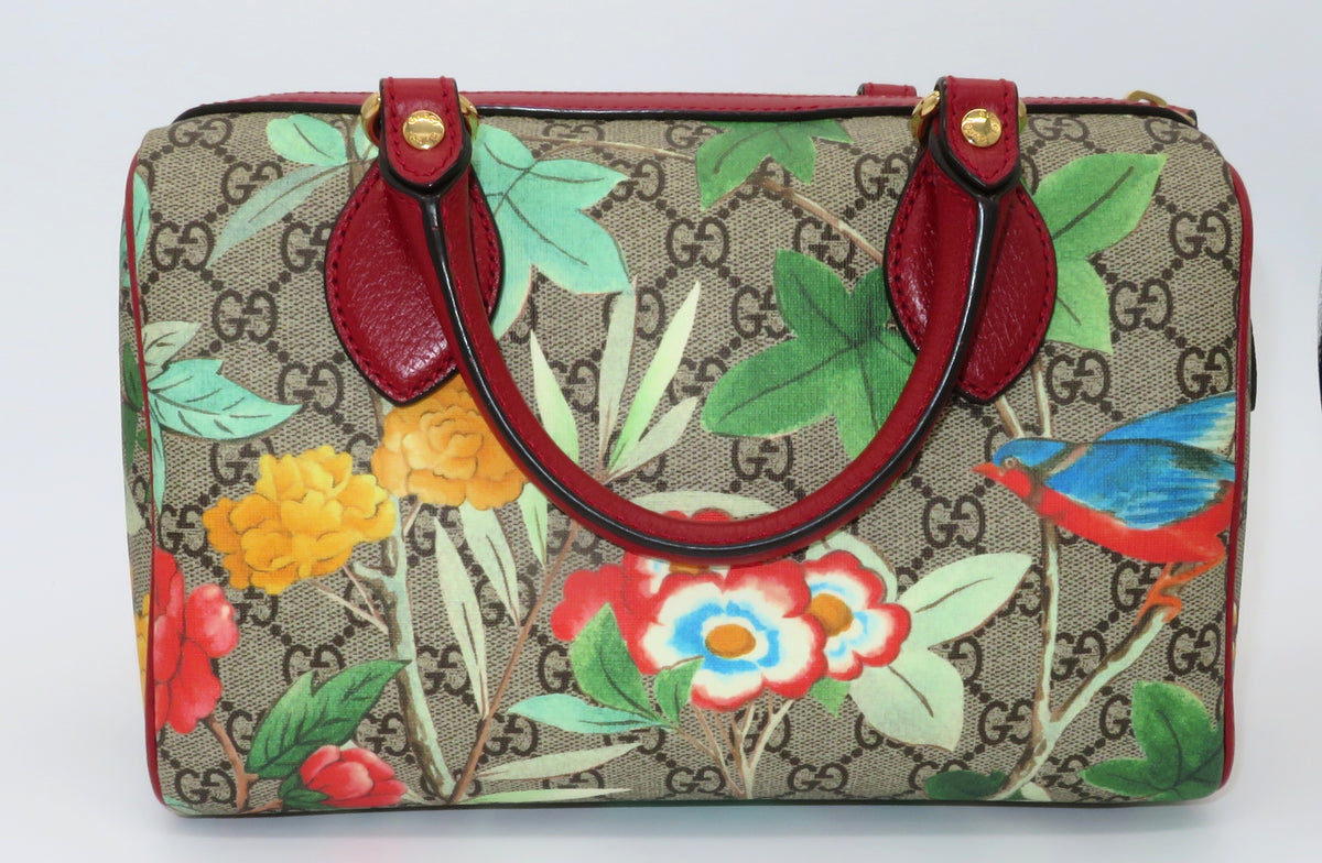 Gucci GG Supreme Tian Red Leather Small Boston Bag