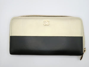 Chanel Black Satin & Metallic Gold Caviar Leather Long Zip Around Wallet