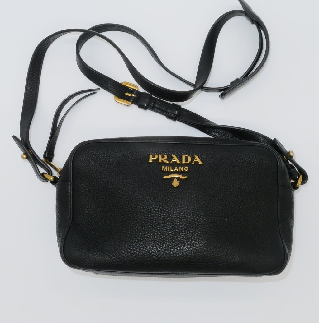 Prada Black Vitello Daino Double Zip Camera Bag