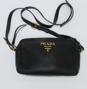 Prada Black Vitello Daino Double Zip Camera Bag
