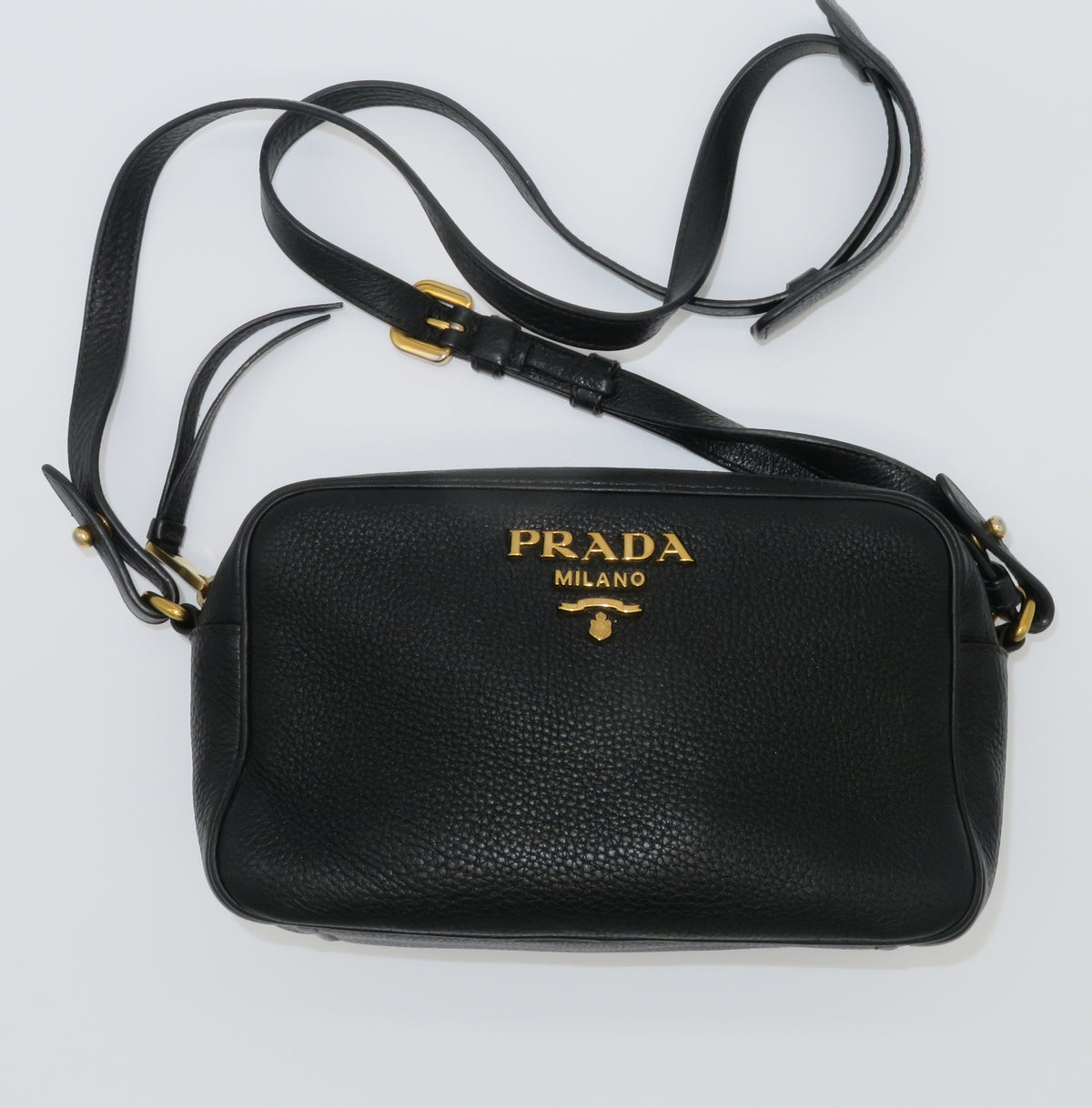 Prada Black Vitello Daino Double Zip Camera Bag