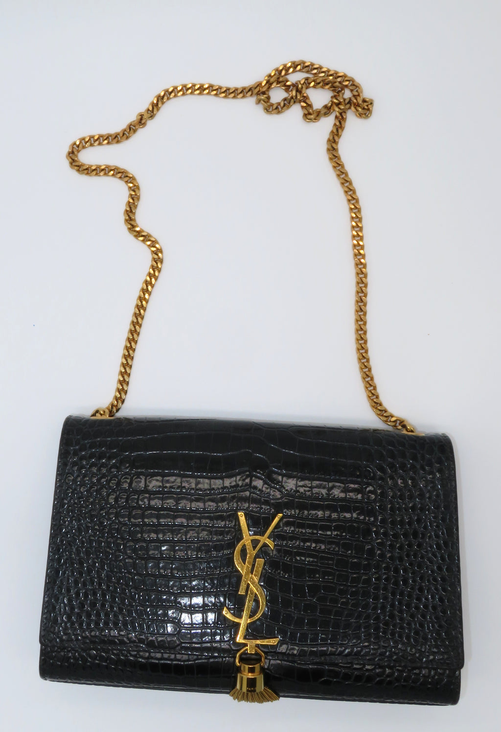 YSL Medium Kate Tassel Bag in Crocodile Embossed Black Leather