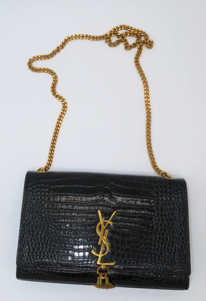YSL Medium Kate Tassel Bag in Crocodile Embossed Black Leather