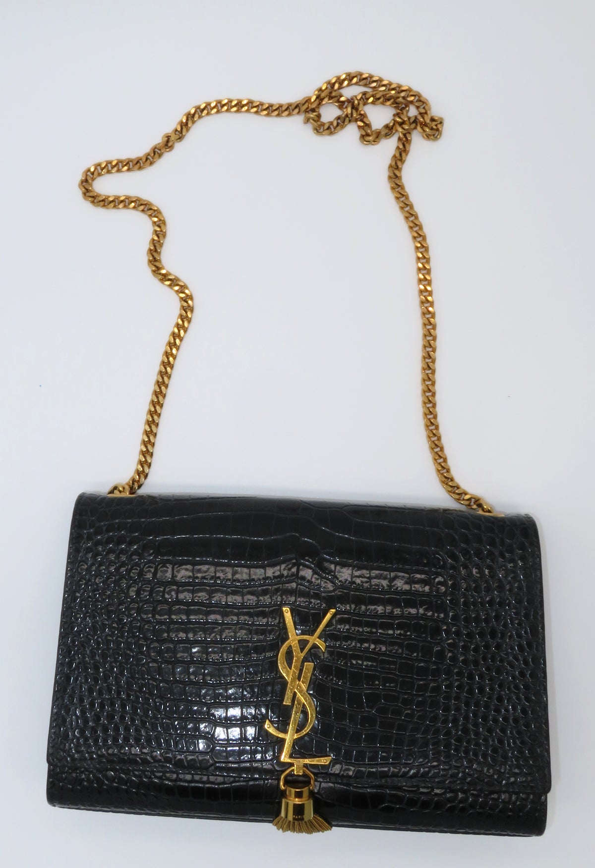 YSL Medium Kate Tassel Bag in Crocodile Embossed Black Leather