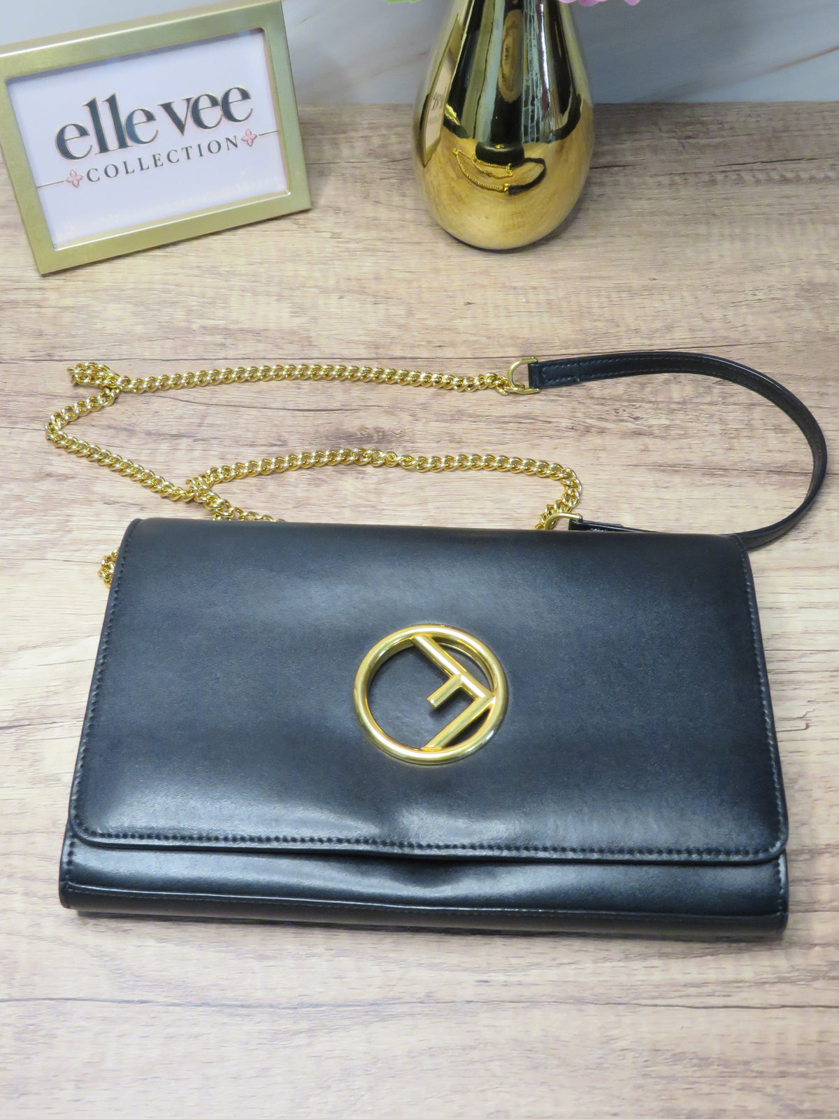 Fendi Round F Logo Black Leather Wallet on Chain