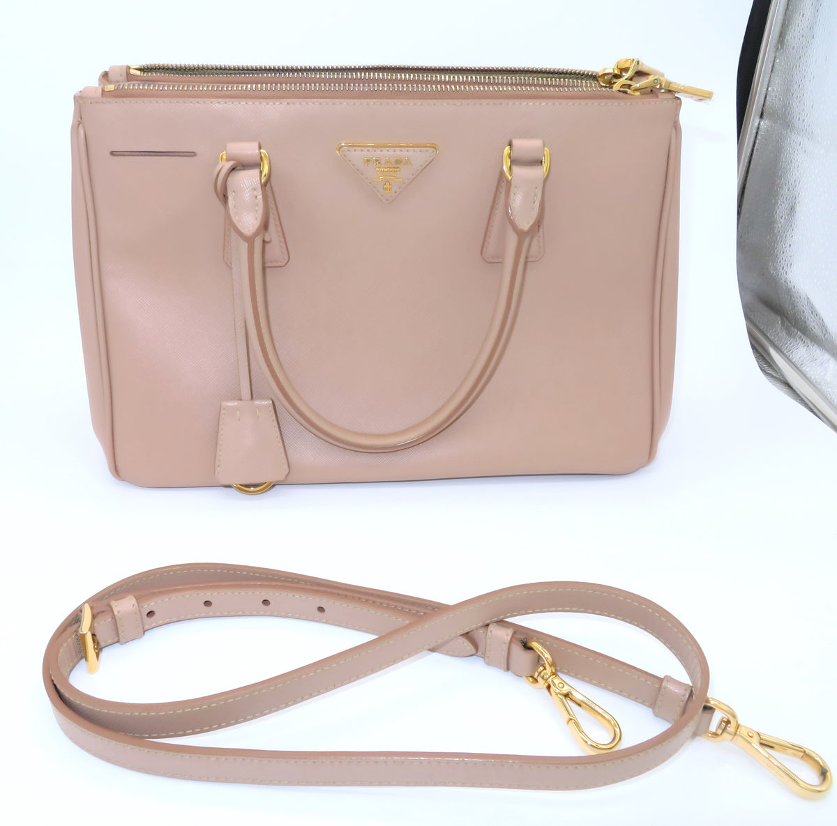 Prada Cammeo Saffiano Leather Small Galleria Double Zip Tote