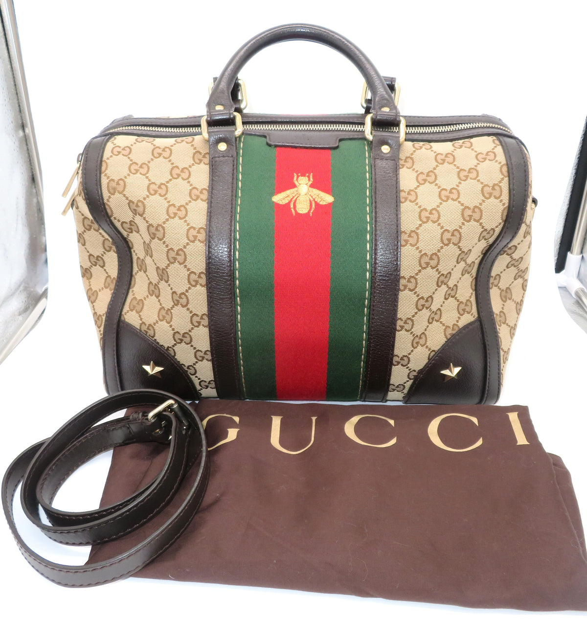 Gucci GG Monogram Canvas and Dark Brown Leather Bee Boston Bag