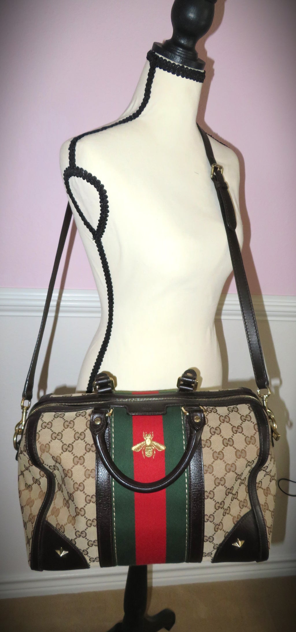 Gucci GG Monogram Canvas and Dark Brown Leather Bee Boston Bag