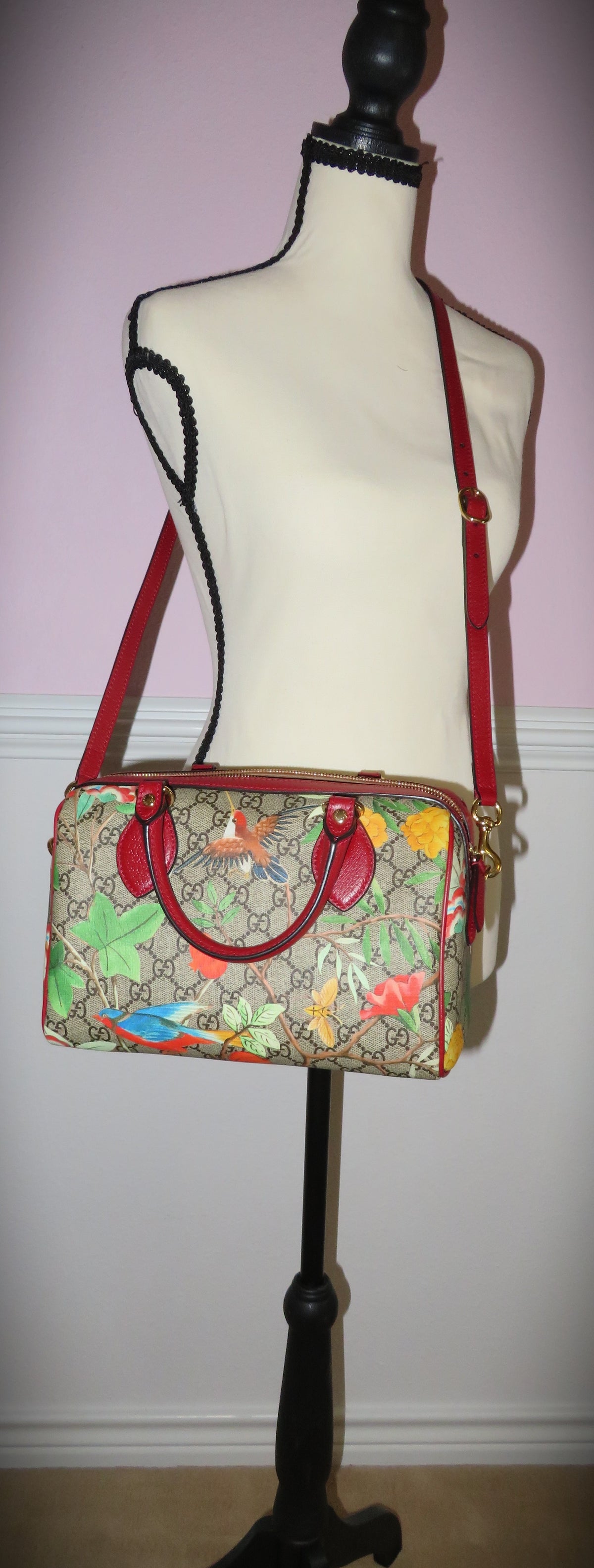 Gucci GG Supreme Tian Red Leather Small Boston Bag