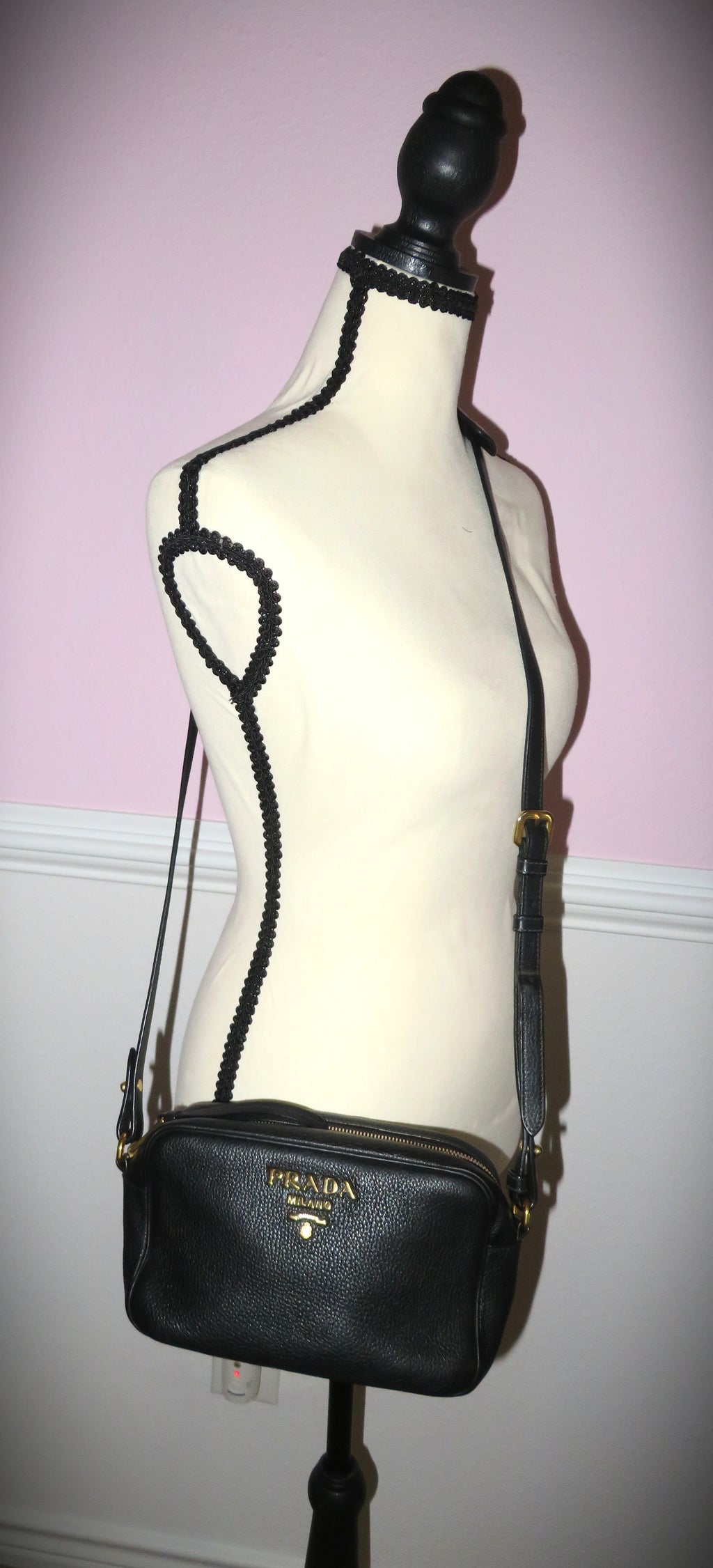 Prada Black Vitello Daino Double Zip Camera Bag