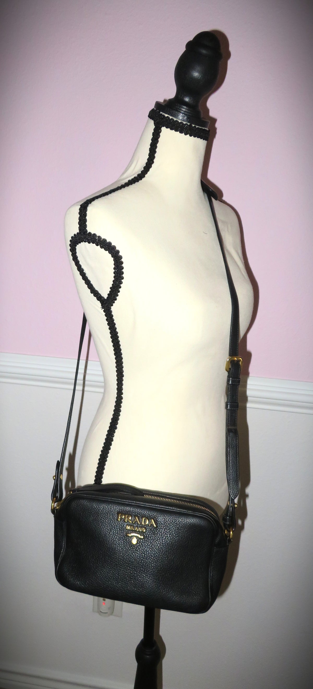 Prada Black Vitello Daino Double Zip Camera Bag