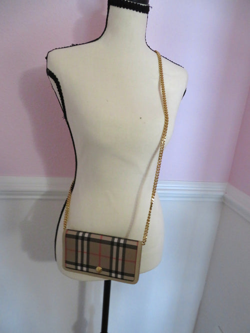 Burberry Vintage Check Coated Canvas with Beige Leather Wallet on Chain