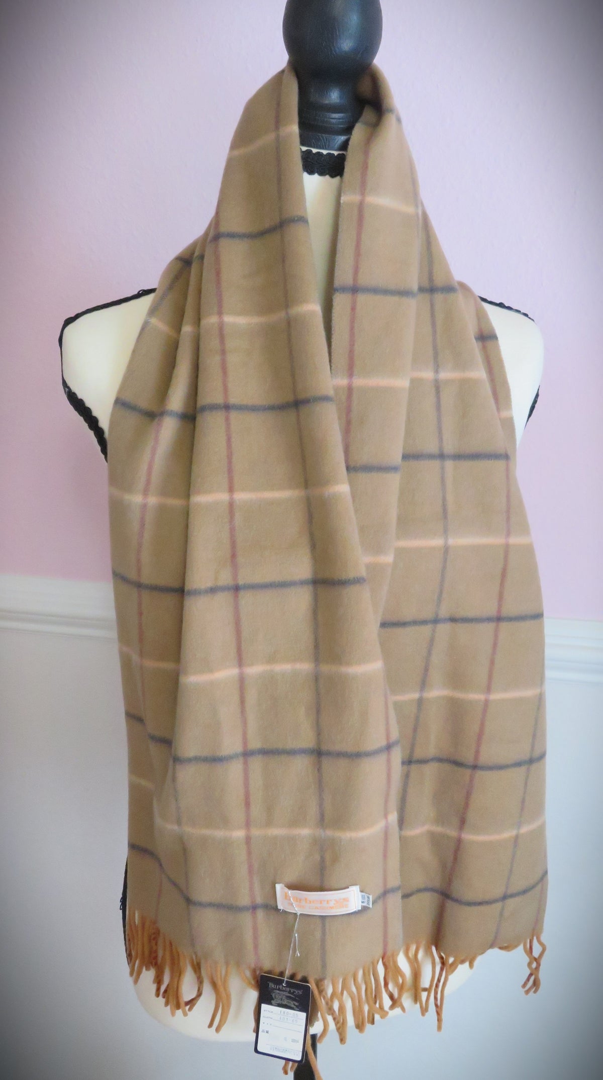 VINTAGE Burberry Camel Plaid Pure Cashmere Scarf