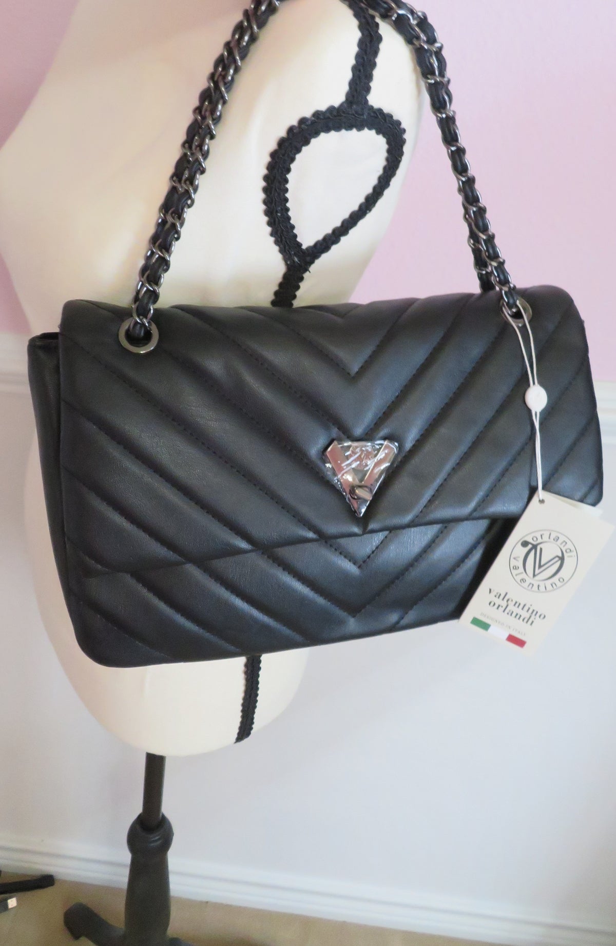 Valentino Orlandi Angel Black Quilted Vegan/Faux Leather Crossbody Bag
