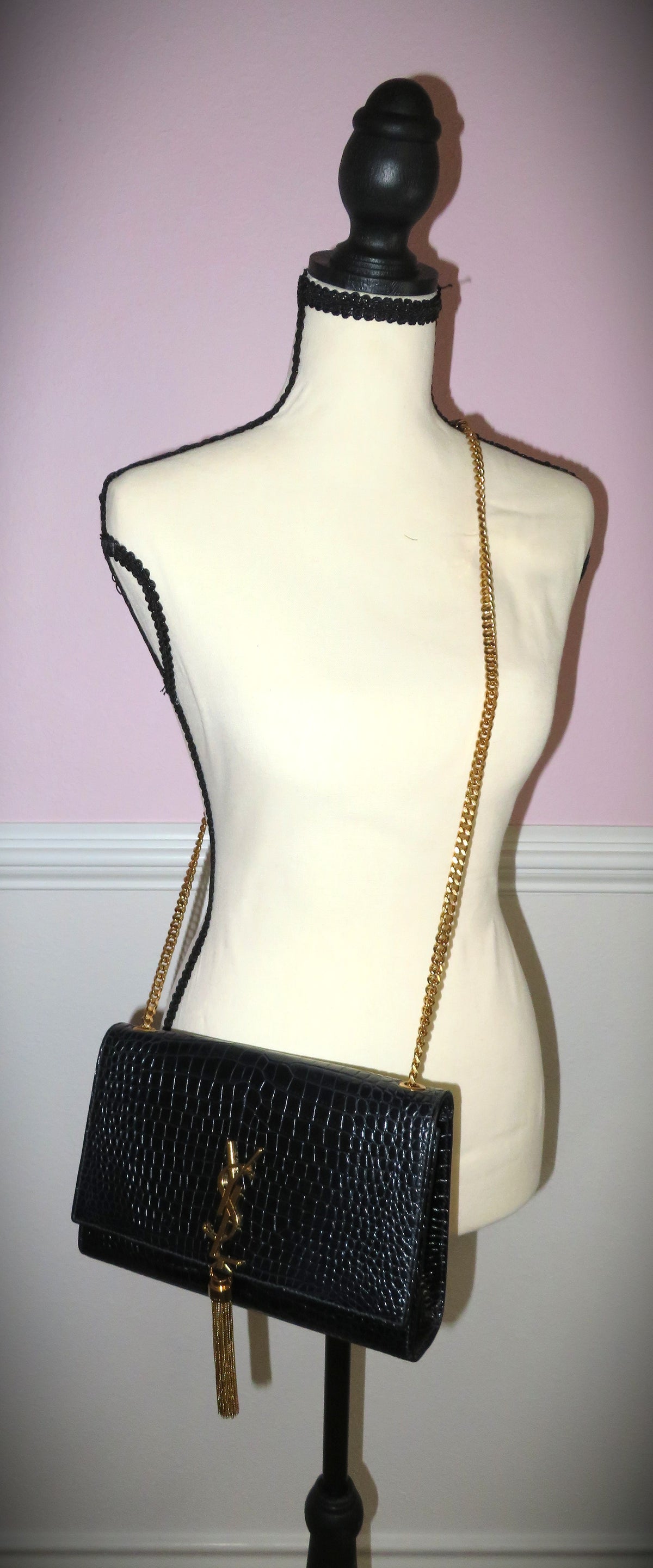 YSL Medium Kate Tassel Bag in Crocodile Embossed Black Leather