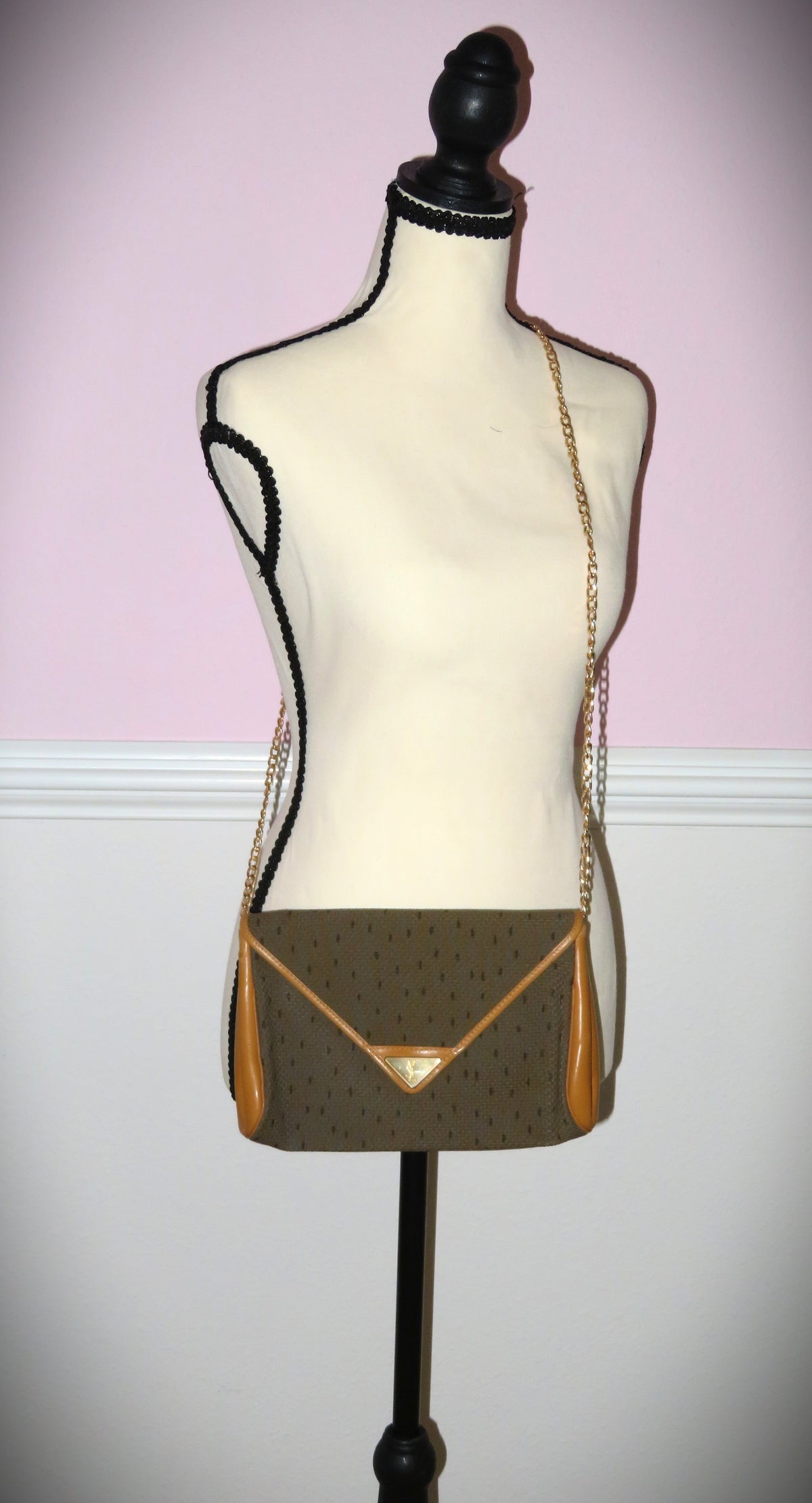VINTAGE YSL Logo Pattern Fabric and Leather Envelope Clutch