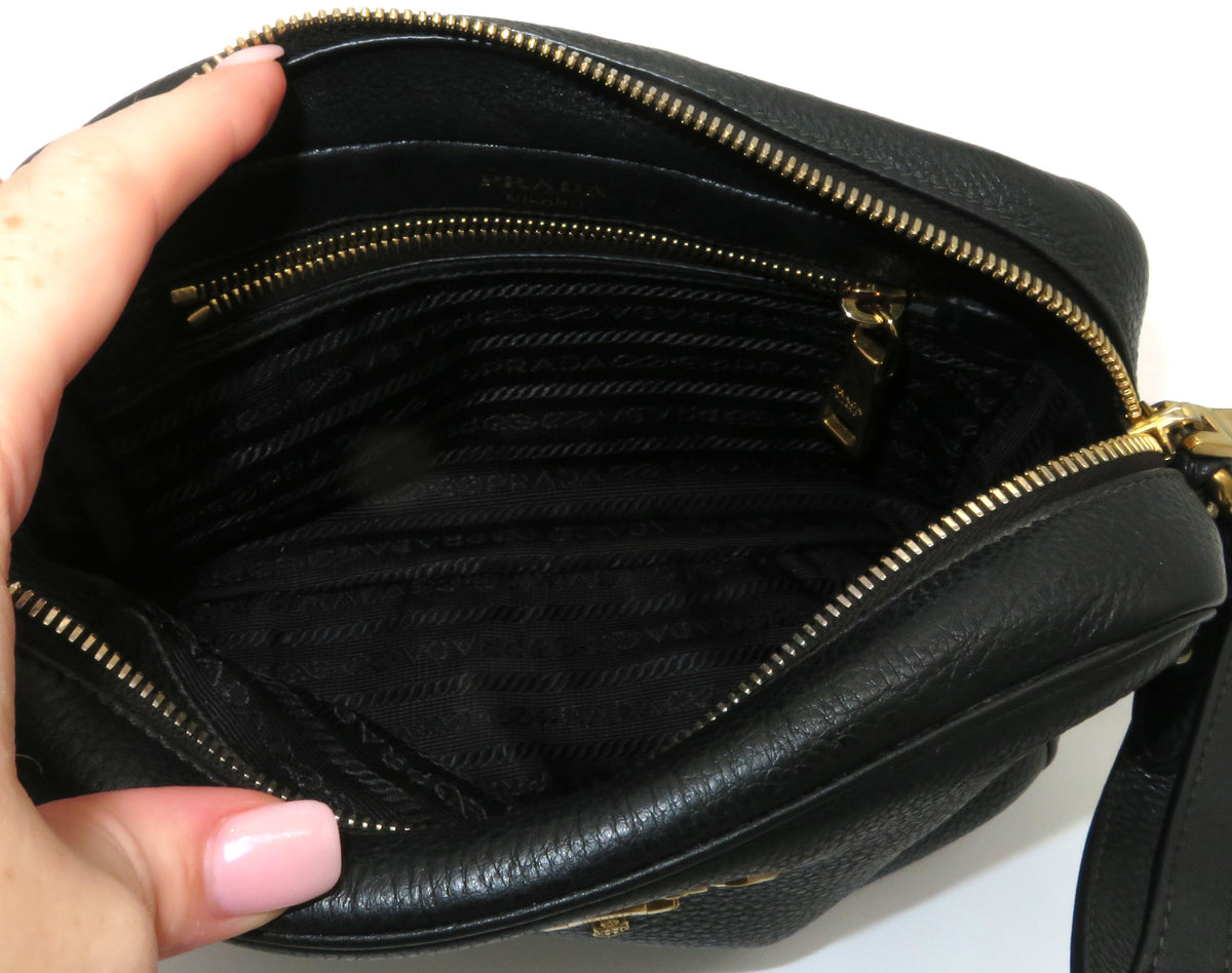 Prada Black Vitello Daino Double Zip Camera Bag