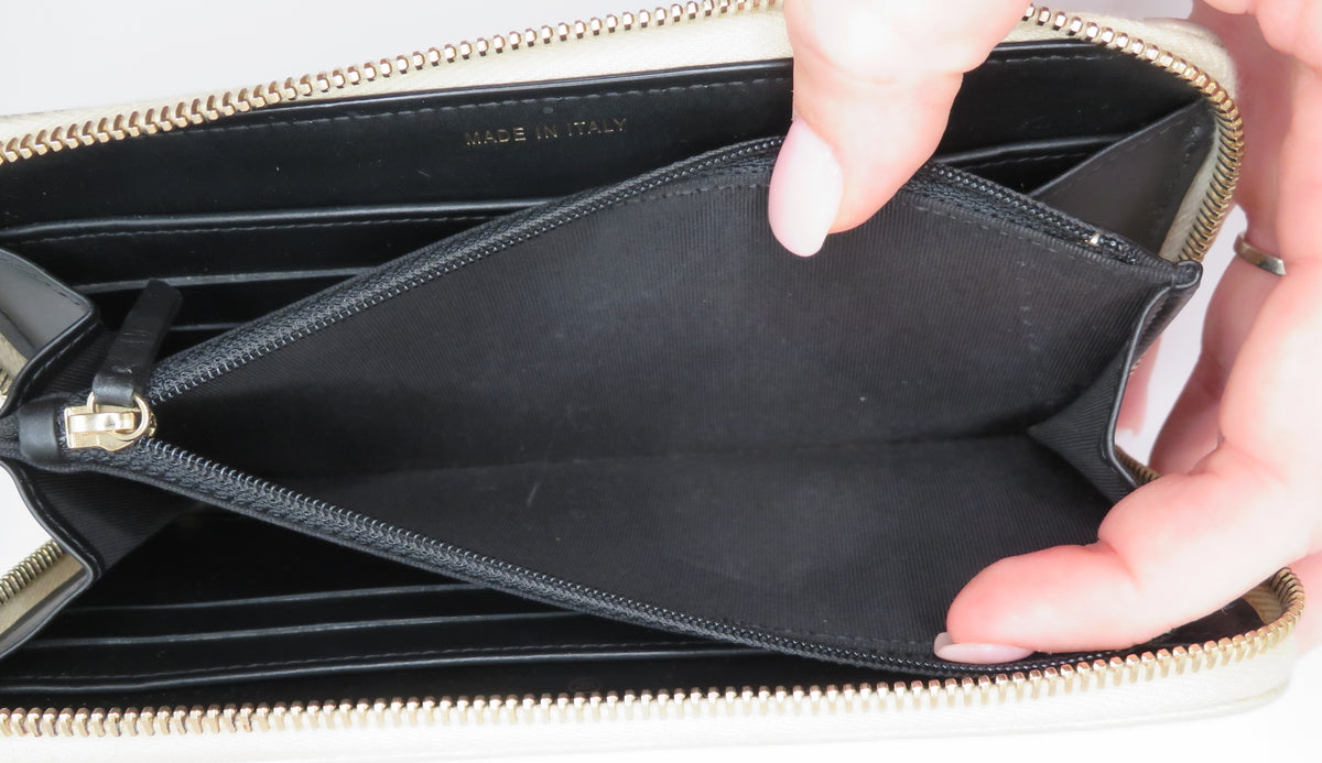 Chanel Black Satin & Metallic Gold Caviar Leather Long Zip Around Wallet