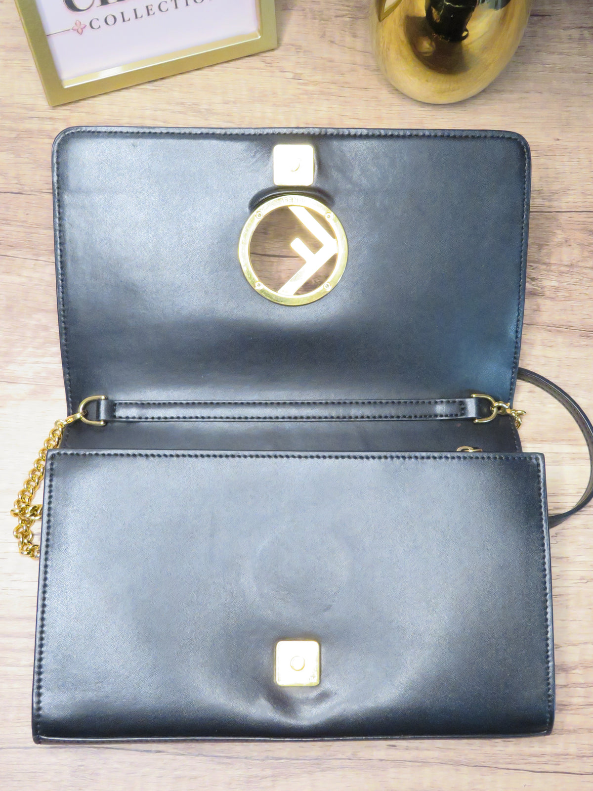 Fendi Round F Logo Black Leather Wallet on Chain