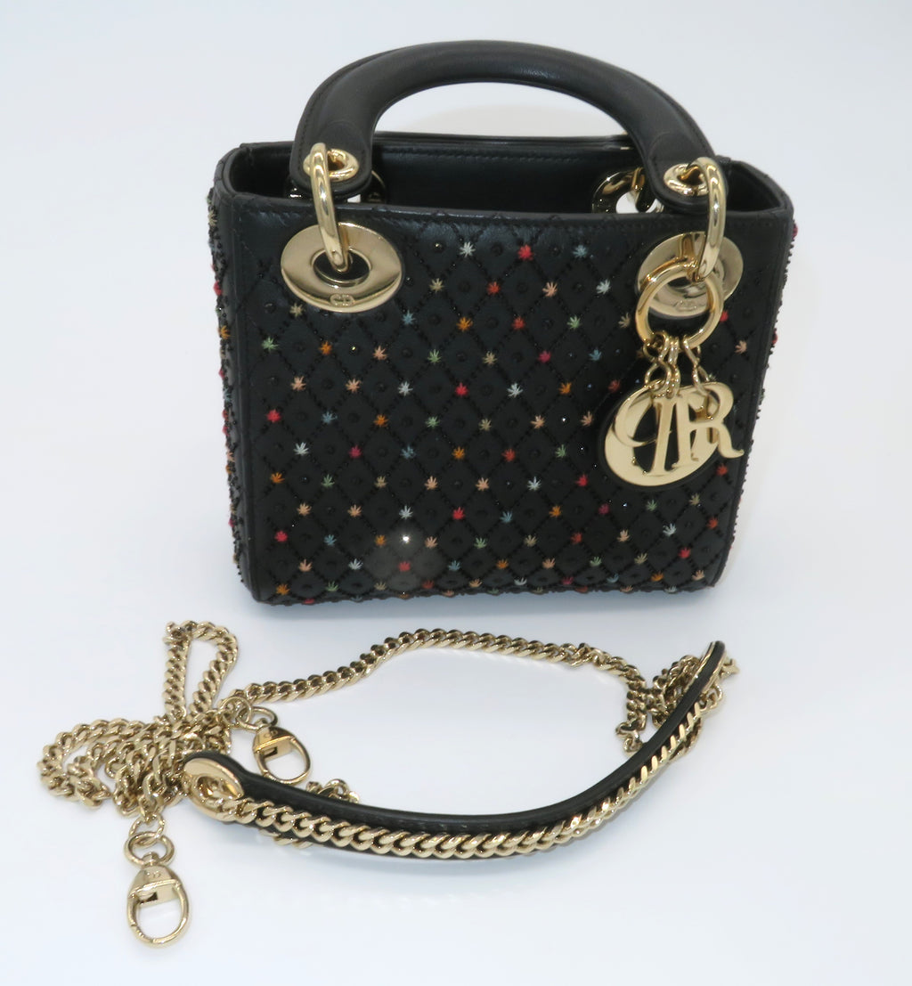 Christian Dior Mini Lady Dior Black Cannage Leather Star Embroidered Accents
