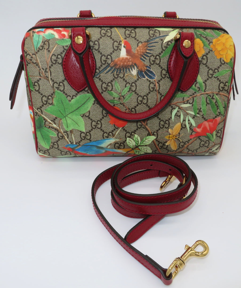Gucci GG Supreme Tian Red Leather Small Boston Bag