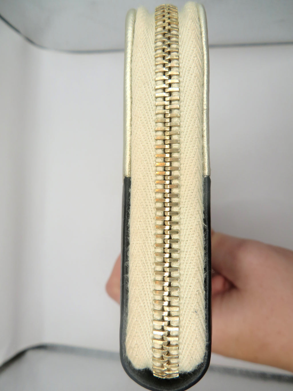 Chanel Black Satin & Metallic Gold Caviar Leather Long Zip Around Wallet