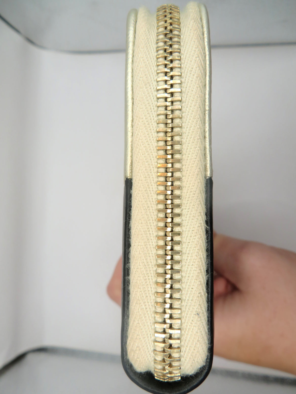 Chanel Black Satin & Metallic Gold Caviar Leather Long Zip Around Wallet