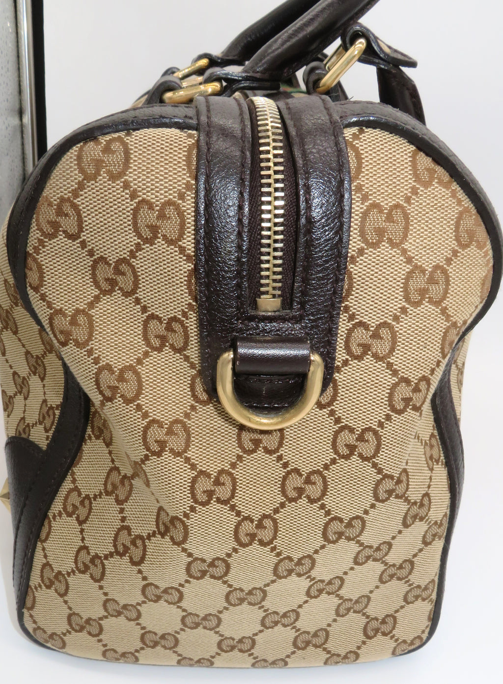 Gucci GG Monogram Canvas and Dark Brown Leather Bee Boston Bag