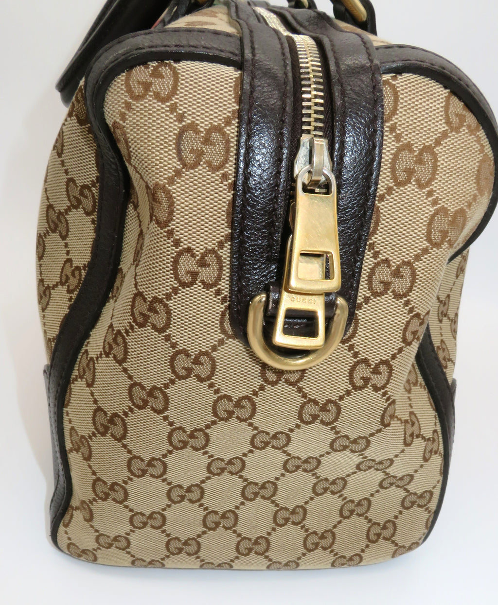 Gucci GG Monogram Canvas and Dark Brown Leather Bee Boston Bag