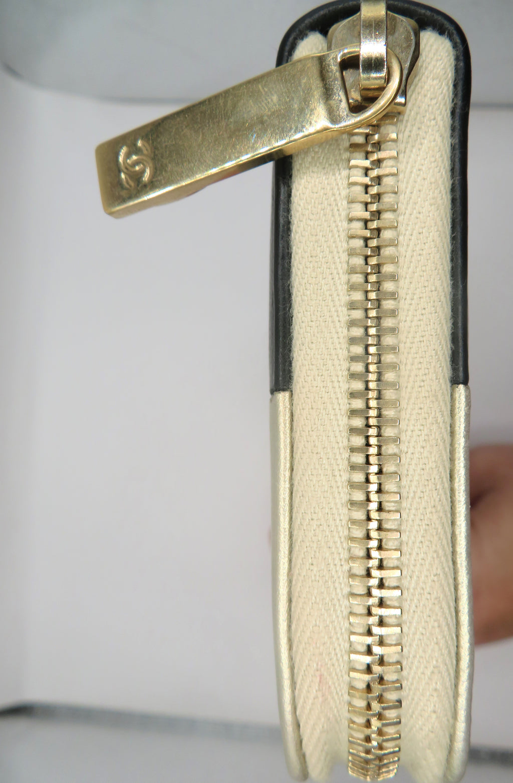 Chanel Black Satin & Metallic Gold Caviar Leather Long Zip Around Wallet